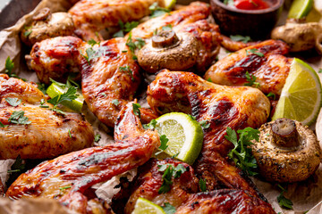 Baked homemade chicken wings with mushrooms and lime, close up