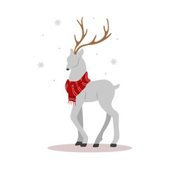 Christmas reindeer in scarf. Cute deer with antlers. Winter design element. Vector illustration in flat cartoon style.