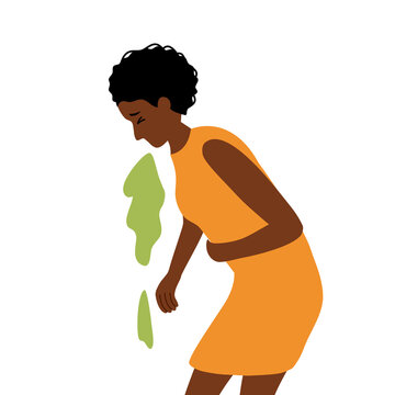 African Woman Suffering From Vomit In Flat Design. Nausea Throwing Up From Food Poisoning, Pregnancy Symptom Or Drunk.