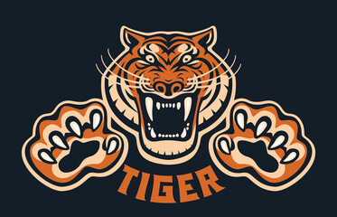 Roaring tiger head with clawed paws front view logo design template icon