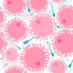 Vector illustration of IVF repeating seamless pattern. Pattern with liquid and cells. Fertilization in vitro. Help fight infertility. Interaction of cells under a microscope. Background design, fabric