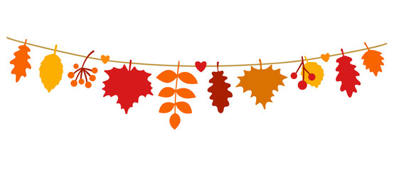 Beautiful autumn leaves hanging on a string. Fall Season Banner in flat style. Colorful seasonal garland with maple and oak leaves. Isolated on a white background. Hand drawn vector illustration. 