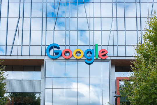 Big GOOGLE sign on a facade of glass taken at Seattle (WA) USA on September 4, 2021.
