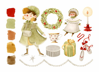 Fototapeta premium Vintage Russian Christmas girl, wreath, doll, gifts watercolor elements set with palette 