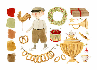 Vintage Russian Christmas boy with samovar, toys and wreath watercolor elements set