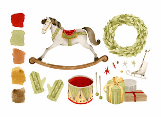 Vintage rocking horse and Christmas toys watercolor elements set clip art