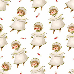 Vintage Victorian doll watercolor seamless pattern