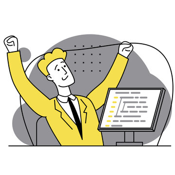 Concept of script coding, programming. A programming language. Programmer working on web development on computer. Software developers. Workplace of the programmer. Flat cartoon illustrations