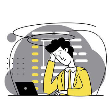 Concept of script coding, programming. A programming language. Programmer working on web development on computer. Software developers. Workplace of the programmer. Flat cartoon illustrations