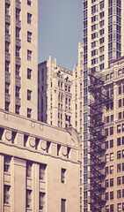 Manhattan old buildings, color toning applied, New York City, USA.