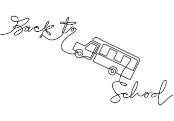 Continuous one line drawing of back to school handwritten words with school bus isolated on white background.