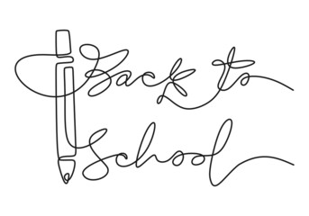 Continuous one line drawing of back to school handwritten words with big pencil isolated on white background.