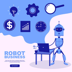 Business background with cute grey robot using laptop in scandinavian childish style isolated on white background for children toys.