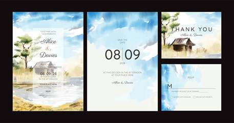 wedding invitations, watercolor mountains, forest and rivers.