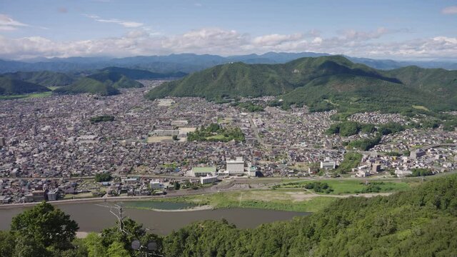 Nagara-gawa river and neighborhoods of Gifu Japan, Pan shot over prefecture