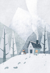 Christmas, new year watercolor winter postcard illustration in flat cartoon style. Boy makes a snowman. Cozy house with smoke from chimney, frozen forest, mountains, snow. Nature snowfall landscape