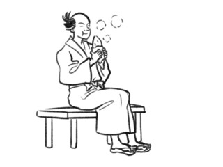Fototapeta premium 日本画タッチの焼き芋を食べる人物イラストJapanese painting illustration The person eats baked sweet potato