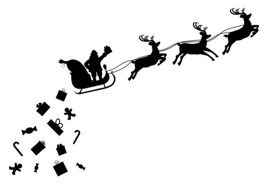 black santa sleigh with reindeer flying clip art preview