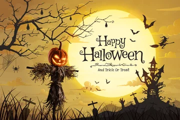 Tuinposter Vector illustration of Halloween pumpkin scarecrow on a wide field and Castle spooky with the full moon on a scary night © wirakorn