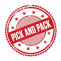 PICK AND PACK text written on red grungy round stamp.