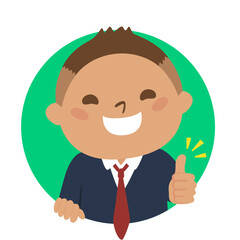 男子学生のイラスト。円形の窓からいいね！と親指立てて笑顔の男の子。