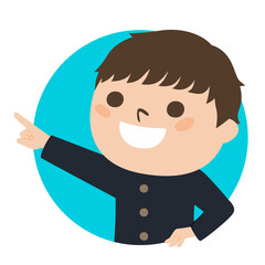 男子学生のイラスト。円形の窓から指差してる笑顔の男の子。