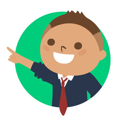 男子学生のイラスト。円形の窓から指差してる笑顔の男の子。