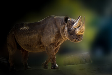 Fototapeta na wymiar a large standing rhino with a green background