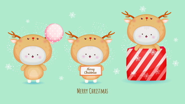 Cute kitty in deer costume for merry christmas with illustration set Premium Vector