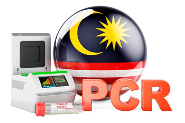 PCR test for COVID-19 in Malaysia, concept. PCR thermal cycler with Malaysian flag, 3D rendering
