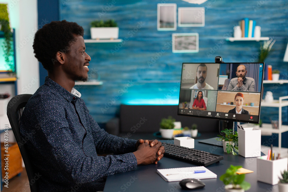 Poster african student having online videocall meeting conference with remote university team discussing bu