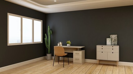 office work from home desk setup in 3d render design interior