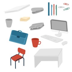 set of office things in cartoon style. flat 2d