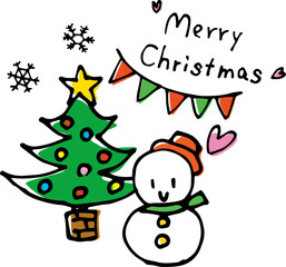 雪だるまとクリスマスツリーのかわいいイラスト（手描き）