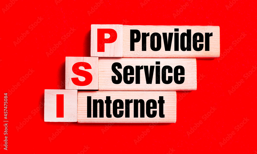 Poster on a bright red background, light wooden blocks and cubes with the text isp internet service provide