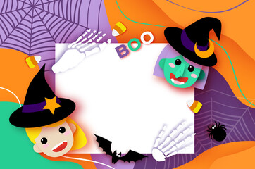 Cute Little Witch. Scary Green Skin Witch. Happy Halloween. Monsters paper cut style. Funny Trick or treat. Bat, spider, web, candy, bones. Space for text Orange Purple