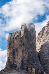 Fototapeta na wymiar Rock north face of the Drei Zinnen or Tre Cime di Lavaredo (three peaks of Lavaredo), the famous mountain peaks of Dolomites, UNESCO world heritage site, Trentino-Alto Adige, Veneto, Italy, Europe.