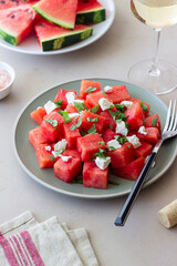 Salad with watermelon, white cheese and mint. Healthy eating. Vegetarian food.