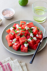 Salad with watermelon, white cheese and mint. Healthy eating. Vegetarian food.