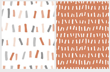 Cute Abstract Seamless Vector Patterns with White Irregular Brush Linss Isolated on a Light Brown Background. Infantile Style Geometric Print. Abstract Doodle Pattern with Brown and Gray Spots.