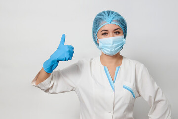 Doctor hand giving thumbs up, on white background