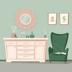Living room. Sideboard, cozy armchair with a book, a cup with a drink, a sun-shaped mirror, a decanter with glasses, candles, posters on the wall. Vector illustration.
