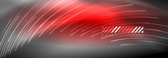 Neon glowing lines, magic energy and light motion background. Vector wallpaper template