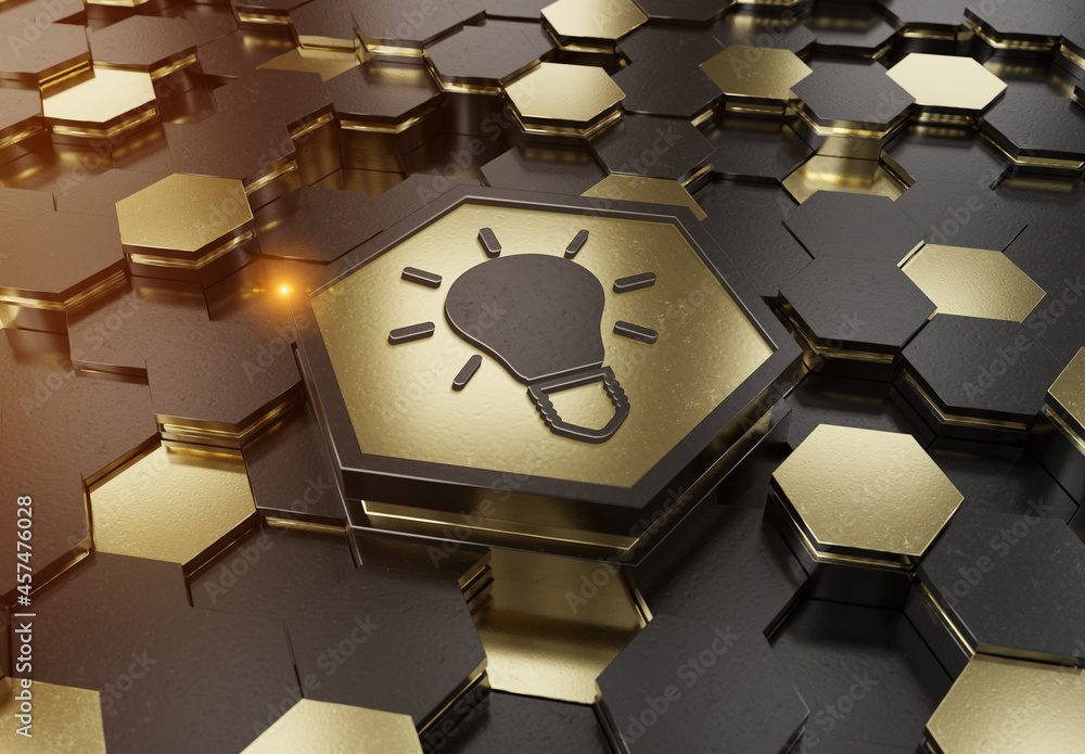 Aufkleber Lightbulb icon creativity concept engraved on metal hexagonal pedestral background. Innovation symbol glowing on abstract digital surface. 3d rendering
