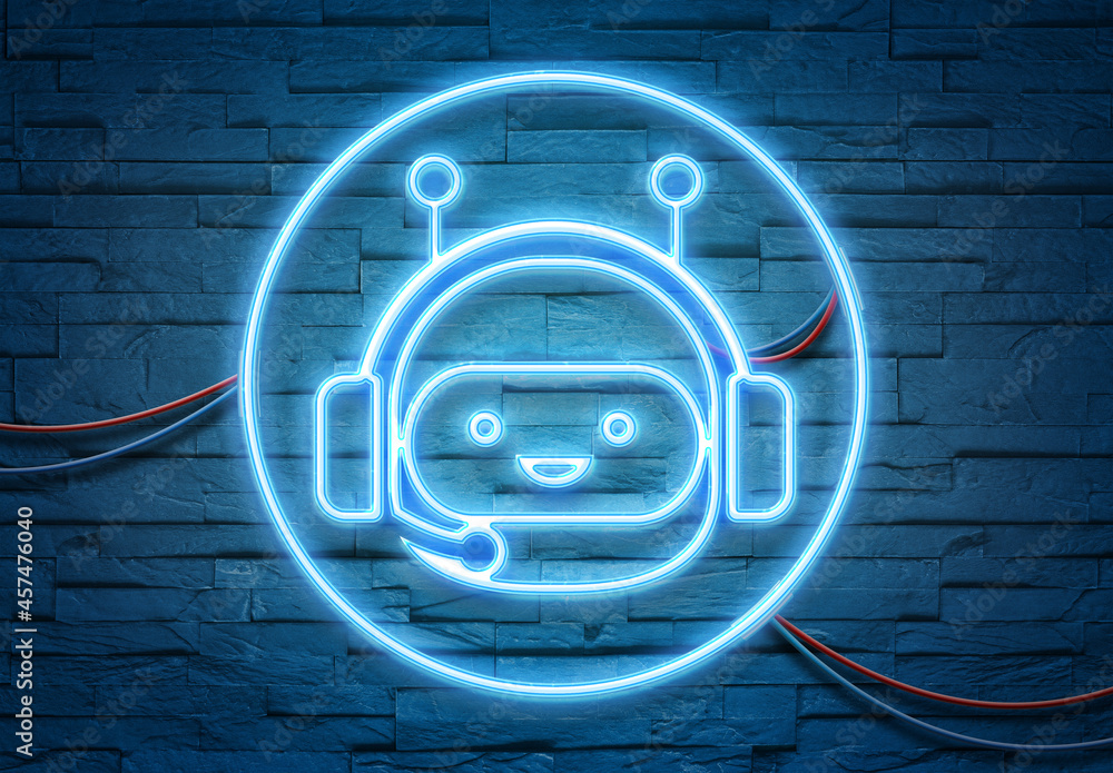 Poster chatbot neon icon illuminating a brick wall with blue and pink glowing light 3d rendering