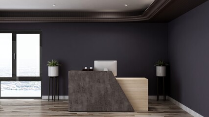 office front desk or receptionist room with wooden design interior for company logo mockup