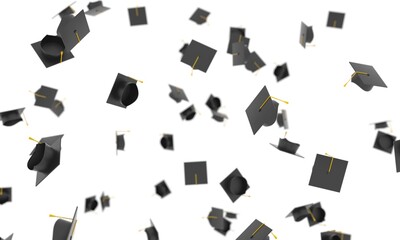 3d Graduation cap background. University hats falling on white background. Academic education concept. Bachelor's degree symbol