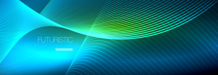 Abstract neon glowing light in the dark with waves. Shiny magic energy and motion concept, vector abstract wallpaper background
