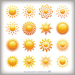輝く太陽のアイコンセット - Sun rays icons collection. Vector illustration