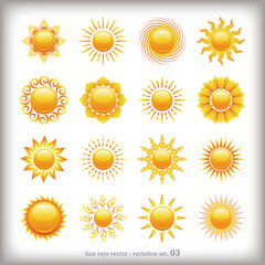 輝く太陽のアイコンセット - Sun rays icons collection. Vector illustration